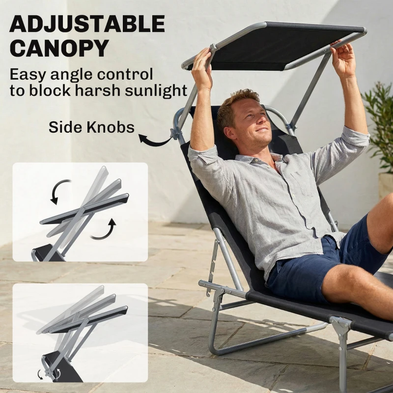 Outsunny Outdoor Lounge Chair, Adjustable Folding Chaise Lounge, Tanning Chair with Sun Shade for Beach, Camping, Hiking, Backyard, Black