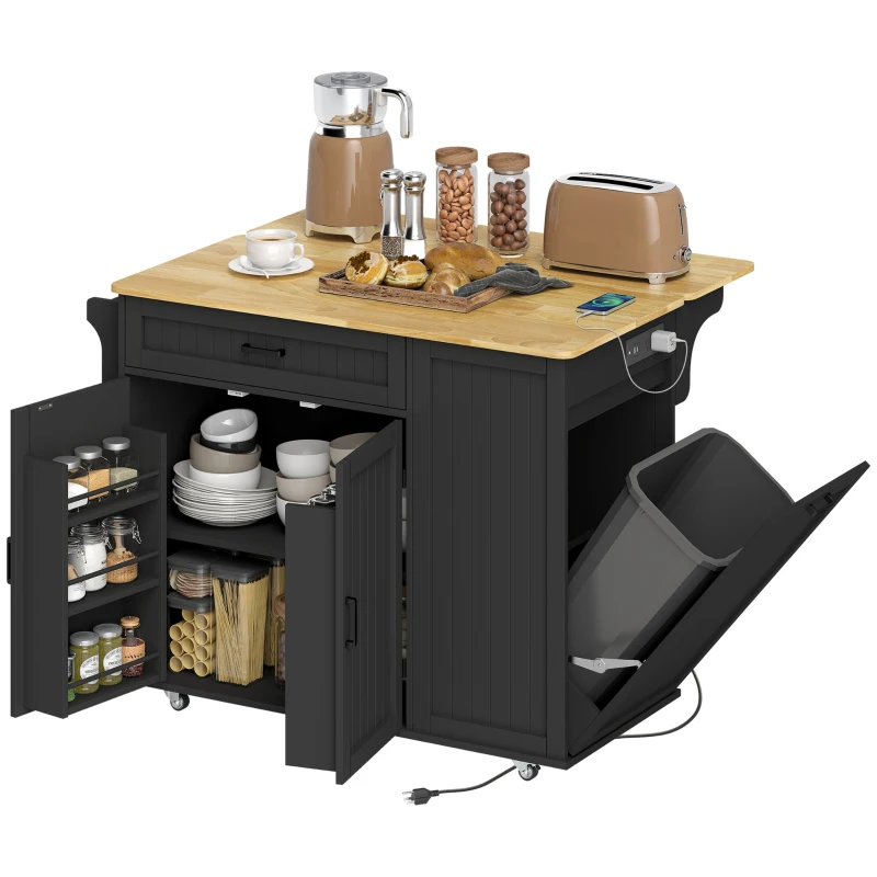 HOMCOM Kitchen Island Cart, Portable Kitchen Island Table with Charging Station, Rubber Wood Drop Leaf, Trash Storage, Black