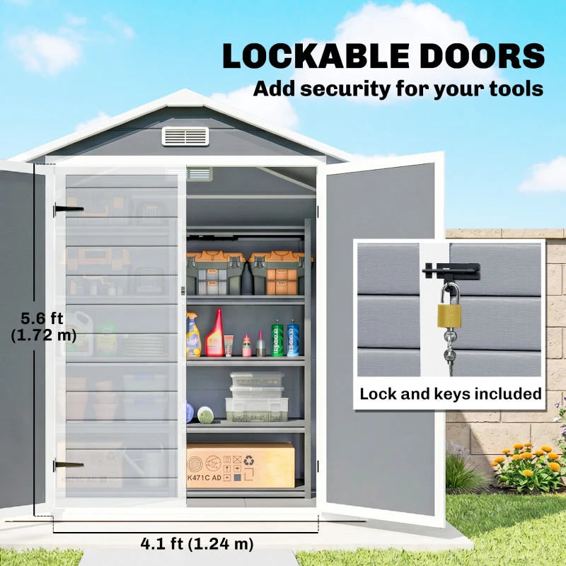 Outsunny 6x4.5FT Plastic Shed, Lockable Garden Tool Storage House with Double Doors and Vent, Grey