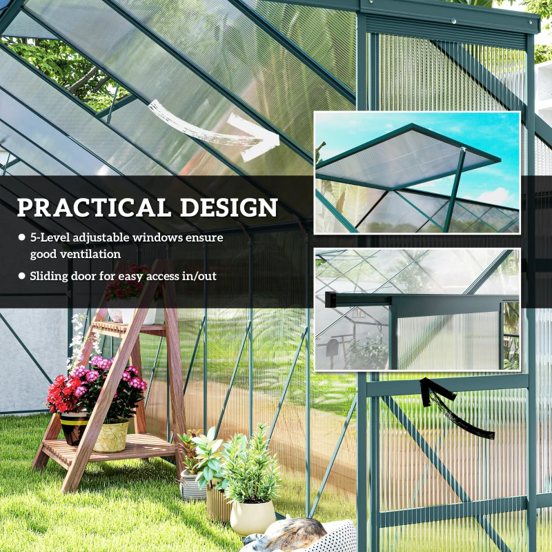 Outsunny Aluminum Greenhouse Polycarbonate Walk-in Garden Greenhouse Kit with Rain Gutter and Sliding Door, 20' x 8', Green