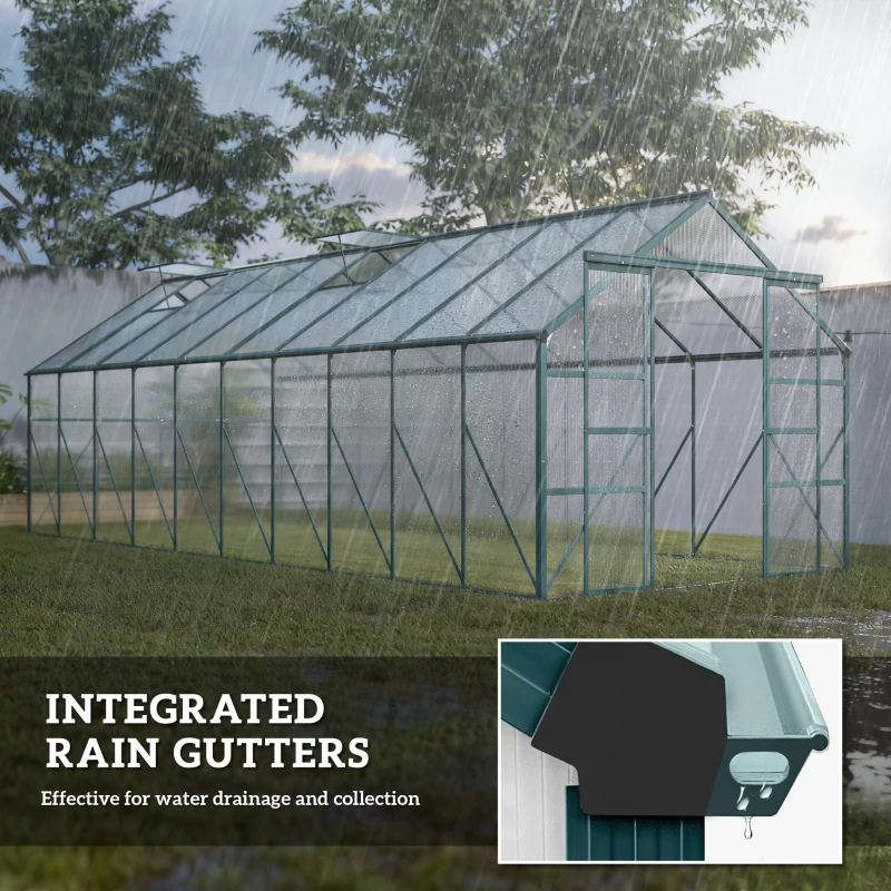 Outsunny Aluminum Greenhouse Polycarbonate Walk-in Garden Greenhouse Kit with Rain Gutter and Sliding Door, 20' x 8', Green