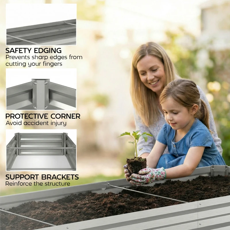 Outsunny 8' x 2' x 1' Galvanized Raised Bed, Large Elevated Planter Box for Growing Flowers, Herbs and Vegetables, Silver
