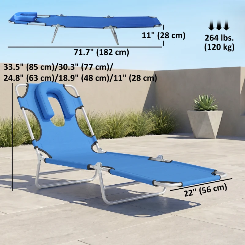 Outsunny Folding Lounge Chair Outdoor, Tanning Chair with Face Hole Arm Slots, Beach Chaise Lounger with Pillow, 5-Position Adjustable Portable Sun Lounger Bed for Pool, Blue