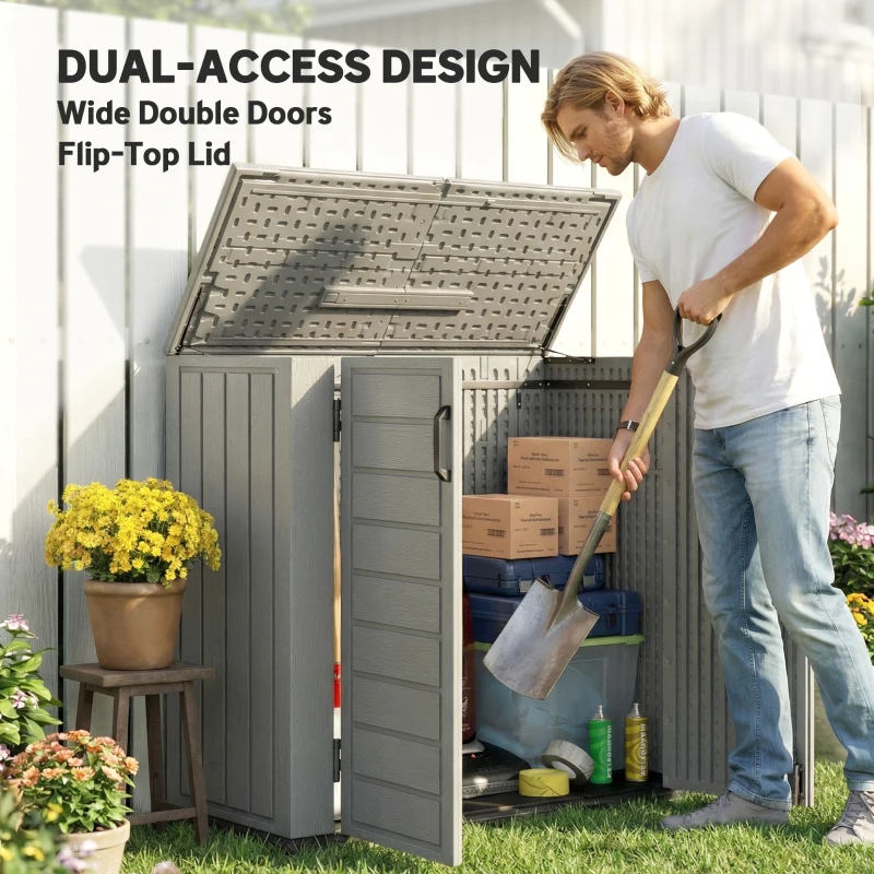 Outsunny 33 Cu.ft Plastic Outdoor Storage Shed, Storage Cabinet Tool Box with Lockable Double Doors and Flip-Top Lid Light Grey