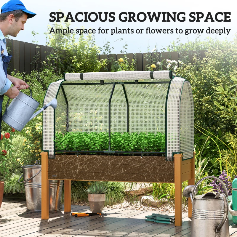 Outsunny Raised Garden Bed with PE Greenhouse Cover Outdoor Elevated Wood Planter Box for Herbs and Vegetables Sand