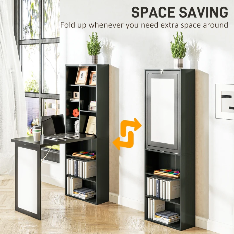 HOMCOM Fold-out Convertible Office Desk, Wall Mount Computer Desk with Whiteboard and Side Shelf, Black