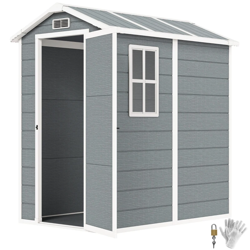 Outsunny 6' x 4' Outdoor Storage Shed, Plastic Shed with Floor, Window, Lockable Door and Vents for Outdoor Patio Storage, Gray