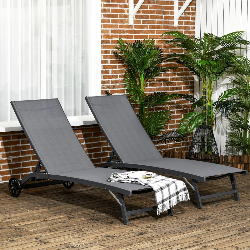 Outsunny Outdoor Lounge Chair Set of 2, Tanning Chair with Wheels, Breathable Mesh for Patio, Backyard, Poolside, Dark Grey