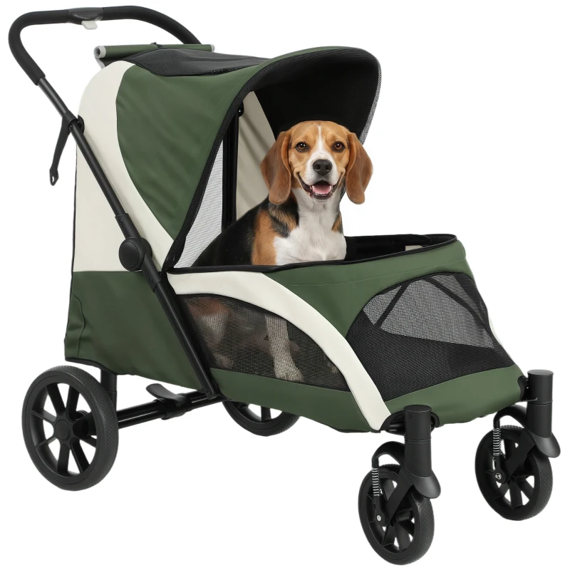 PawHut Foldable Pet Stroller for Medium Dogs with Four Big Wheels, Shock-Absorbing Frame, Safety Leashes, Brakes, Dark Green