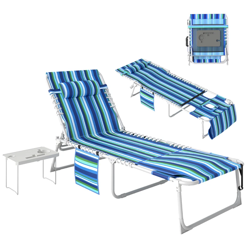 Outsunny Tanning Chair with Face Hole and Side Table, Folding Outdoor Lounge Chair with Carry Straps, Side Pocket, Blue Stripe