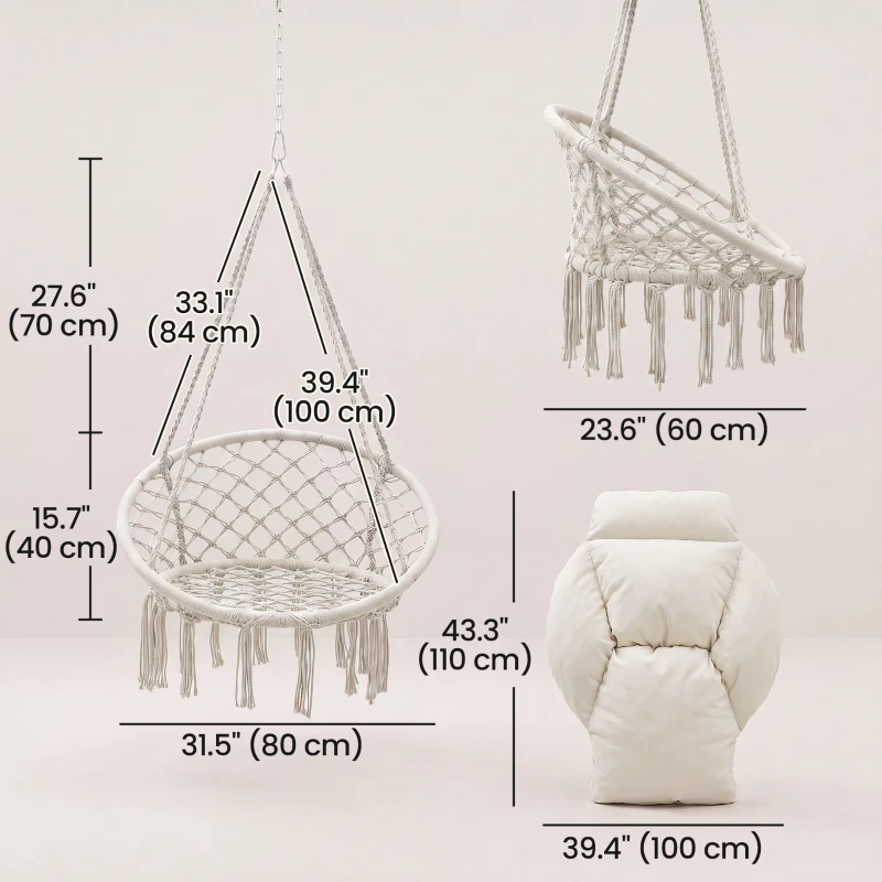 Outsunny Boho Hammock Chair Swing Hanging Chair with Cushion, Chain, Steel Frame for Indoor Outdoor Bedroom Patio Balcony, Cream