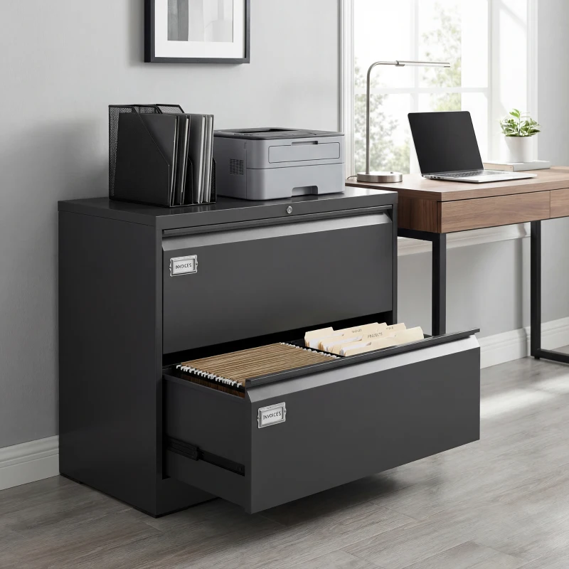 HOMCOM Lateral Filing Cabinet with 2 Drawers, Lockable Steel File Cabinet for A4/Letter/Legal Size Files, Black