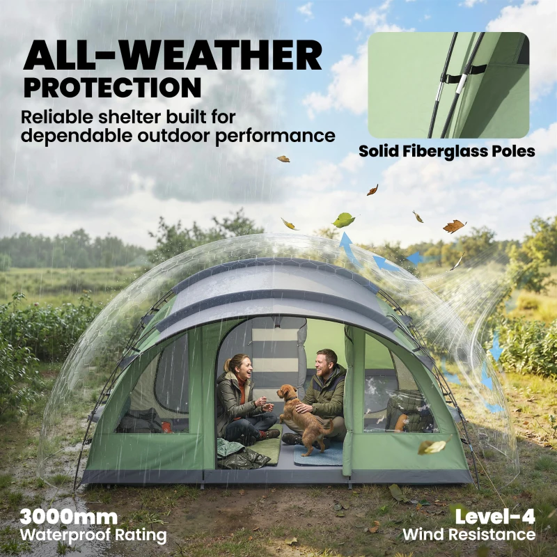 Outsunny Multi-Room Camping Tent for 5 Person, Easy Set up Large Family Tent with 4 Windows, Porch, Light Green