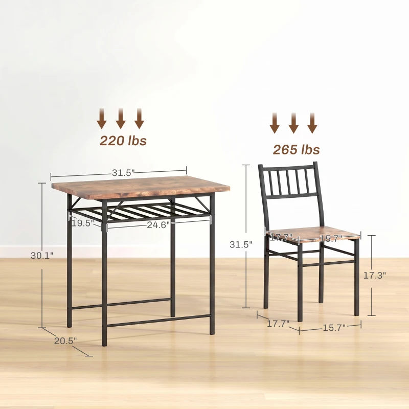 HOMCOM 3-Piece Small Dining Table Set for 2, Kitchen Table and Chairs with Storage Rack and Steel Frame, Brown