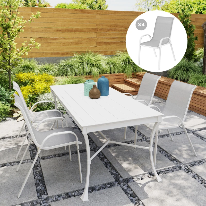 Outsunny Set of 4 Outdoor Dining Chairs, Stackable Lawn Chairs with High Back, Breathable Mesh Seat for Garden Porch, White