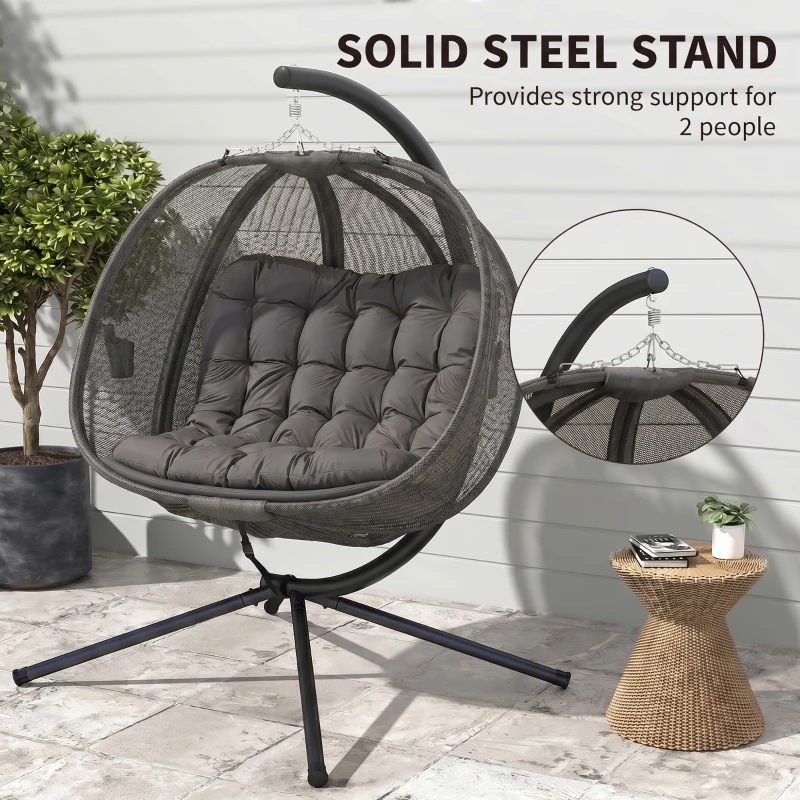 Outsunny Double Egg Chair with Stand, 2 Person Hanging Swing Egg Chair with Cushion, Pockets, Grey