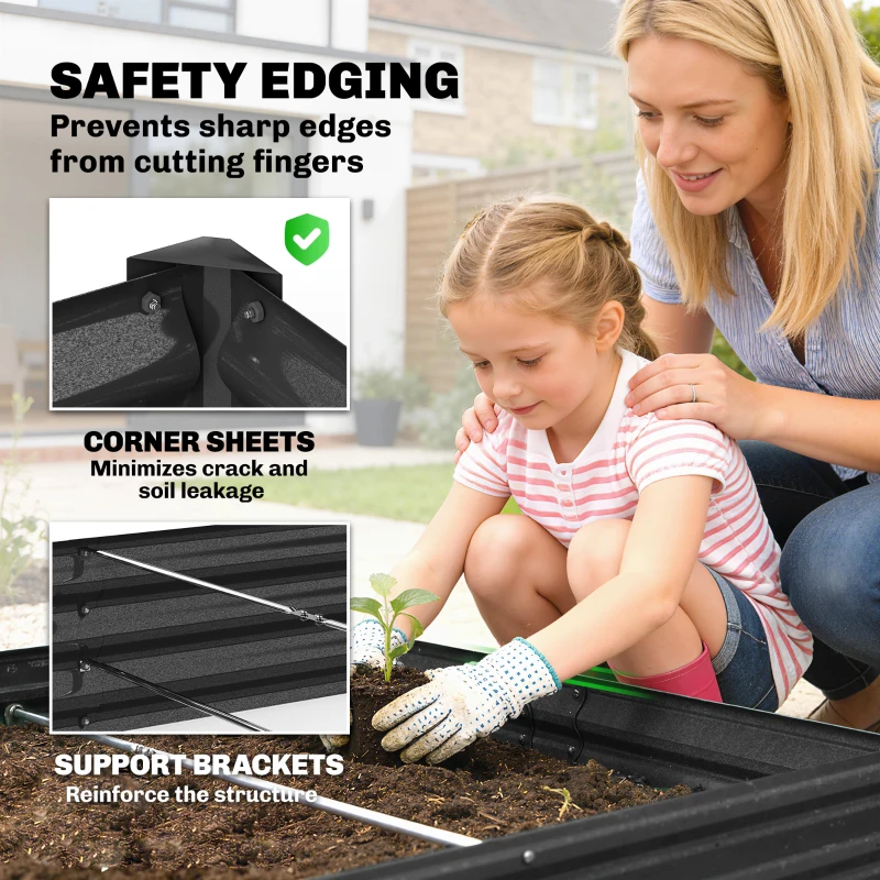Outsunny 12 x 4 x 1ft Galvanized Raised Garden Bed, Reinforced Outdoor Planter Box with Open Bottom, Dark Grey