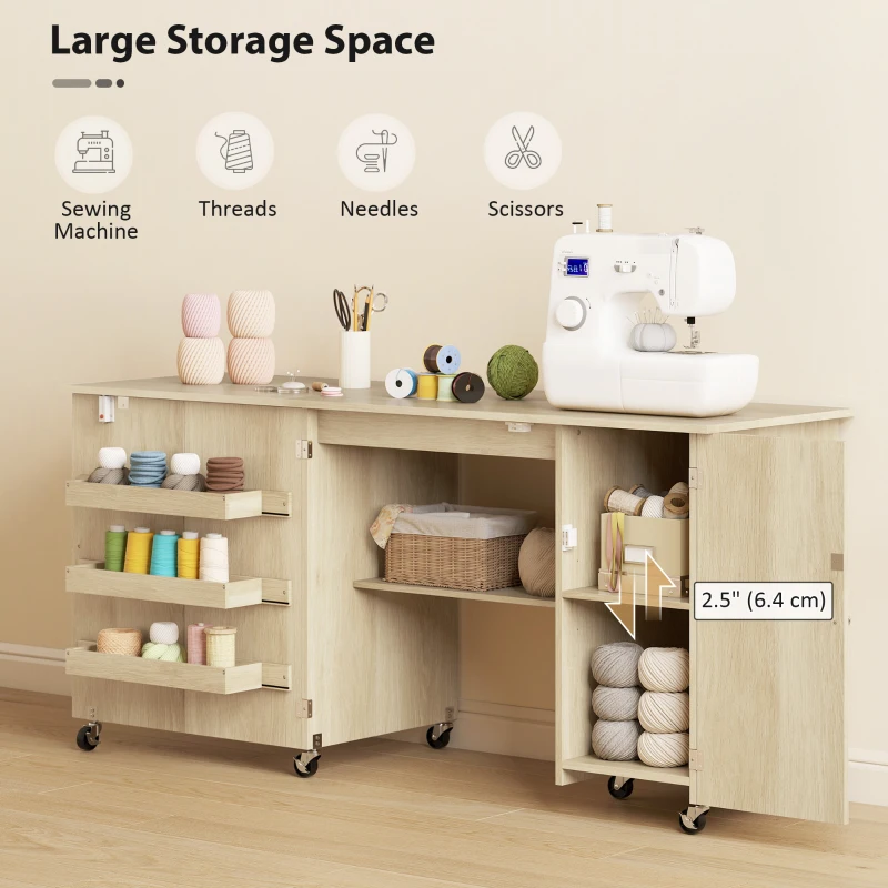 HOMCOM Sewing Machine Table with Drop Leaf, Folding Craft Table with 2 Doors and Adjustable Shelf for Small Spaces, Natural