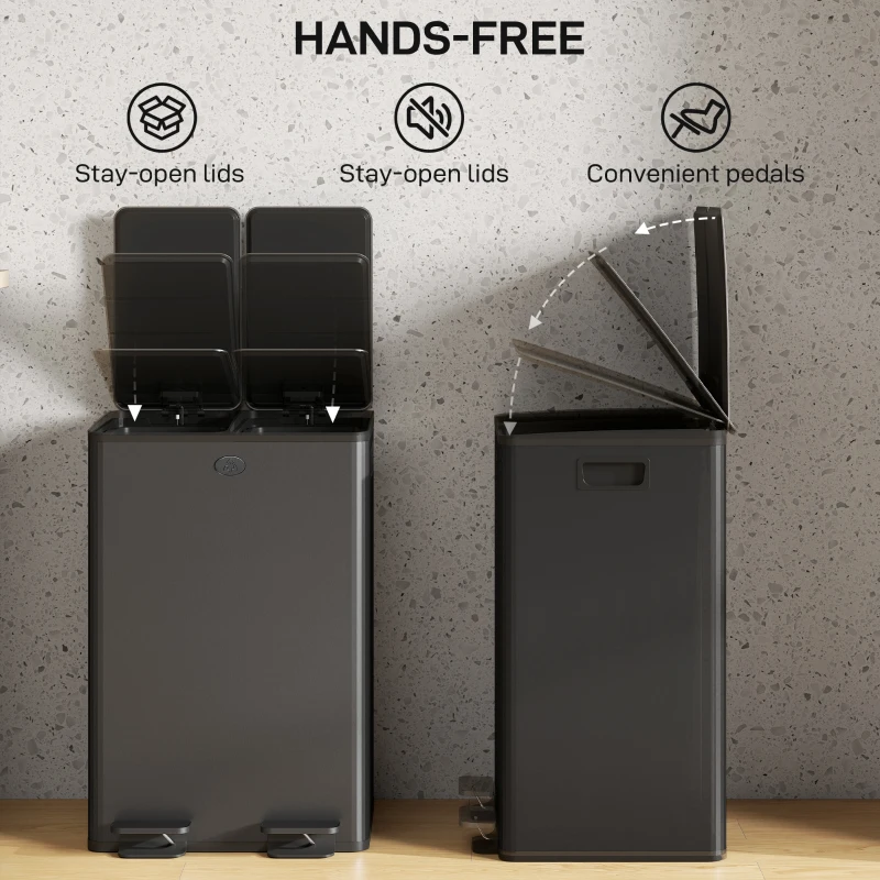 HOMCOM Garbage Bin, Soft-Close Trash Can with Foot Pedal, 2x7.4 Gal (2x28 L) Garbage Can with Removable Inner Buckets, SBlack