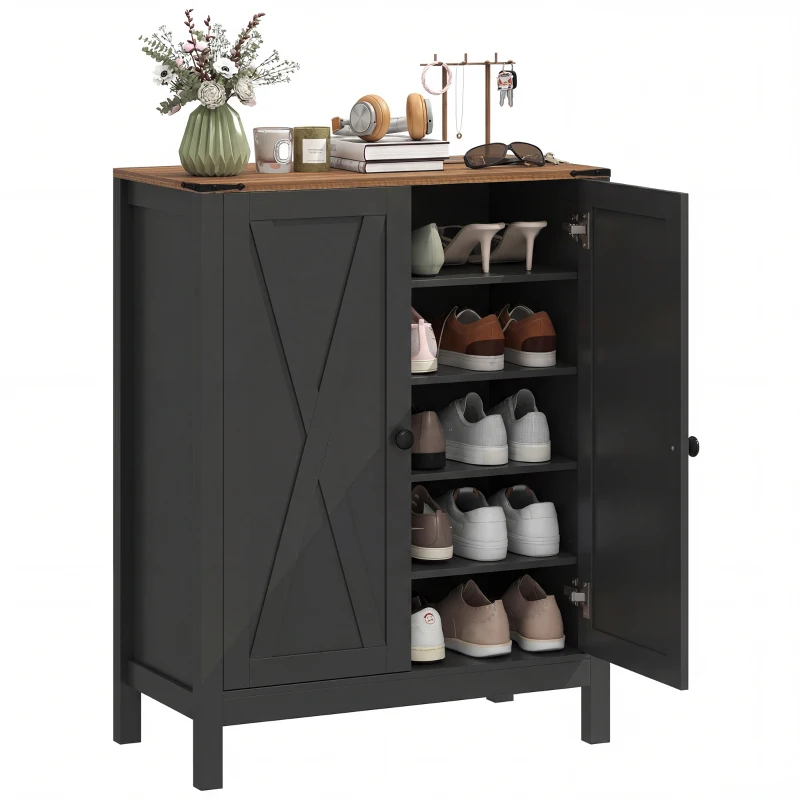 HOMCOM Shoe Cabinet with Barn Doors, Farmhouse Shoe Storage Cabinet with Adjustable Shelves, Holds up to 15 Pairs, Black