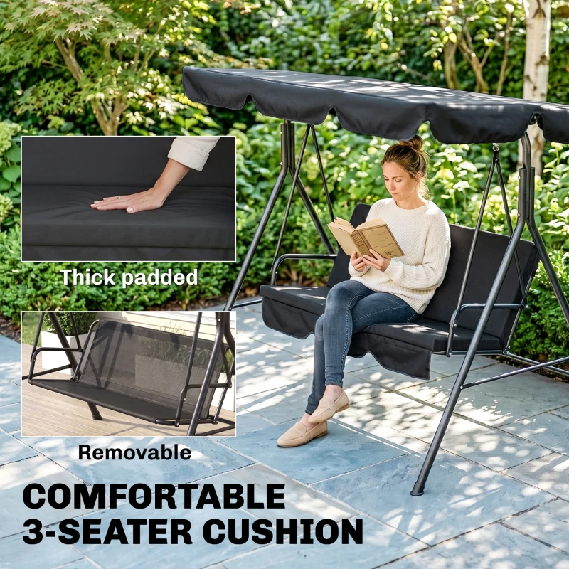 Outsunny 3-Seater Outdoor Porch Swing with Adjustable Canopy, Patio Swing Chair for Garden, Poolside, Backyard, Black