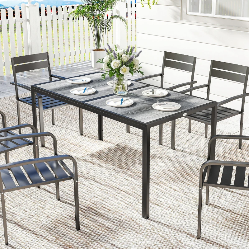 Outsunny Outdoor Dining Table for 4-6, 59" Outdoor Patio Table with Metal Legs, Wood-Effect Top, Grey
