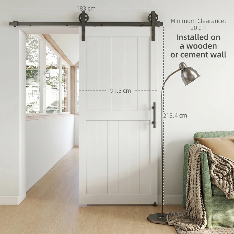 HOMCOM 36inx84in Barn Door with 6FT Sliding Door Hardware Kit, Handle, Upgraded Rollers and Floor Guide, Waterproof, White