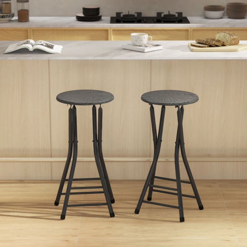 HOMCOM Set of 2 Foldable Barstools, Counter Height Bar Stools with Footrest and Steel Legs for Kitchen Island, Black