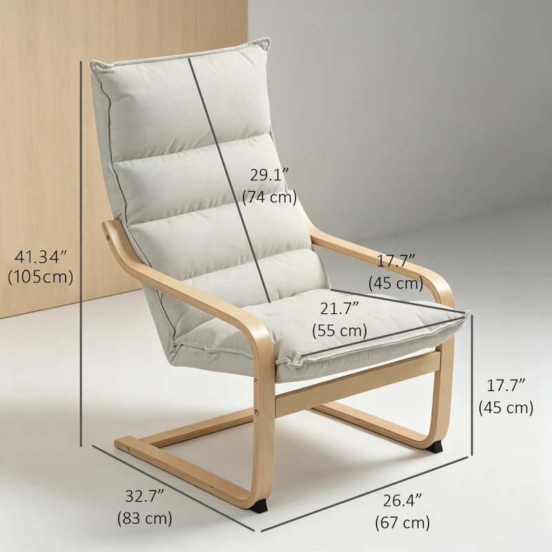 HOMCOM Birch Wood Fabric Modern Armchair, Accent Chair with Curved Leg and Arm for Living Room, Cream White