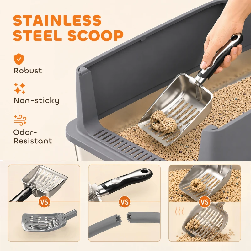 PawHut 2 Pack XL Stainless Steel Litter Box, Metal Cat Litter Box High Sided with Tracking Step & Stainless Steel Scoops