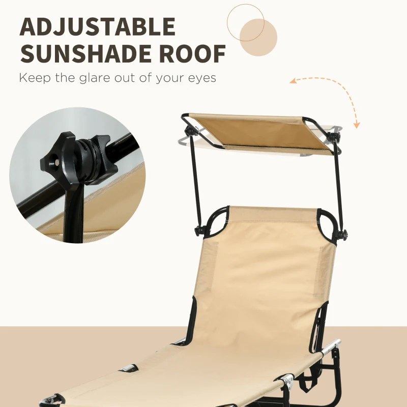 Outsunny 2 Piece Folding Outdoor Chaise Lounges, Pool, Sun, Tanning Chairs with Reclining Back, Sunshade for Beach, Patio, Tan