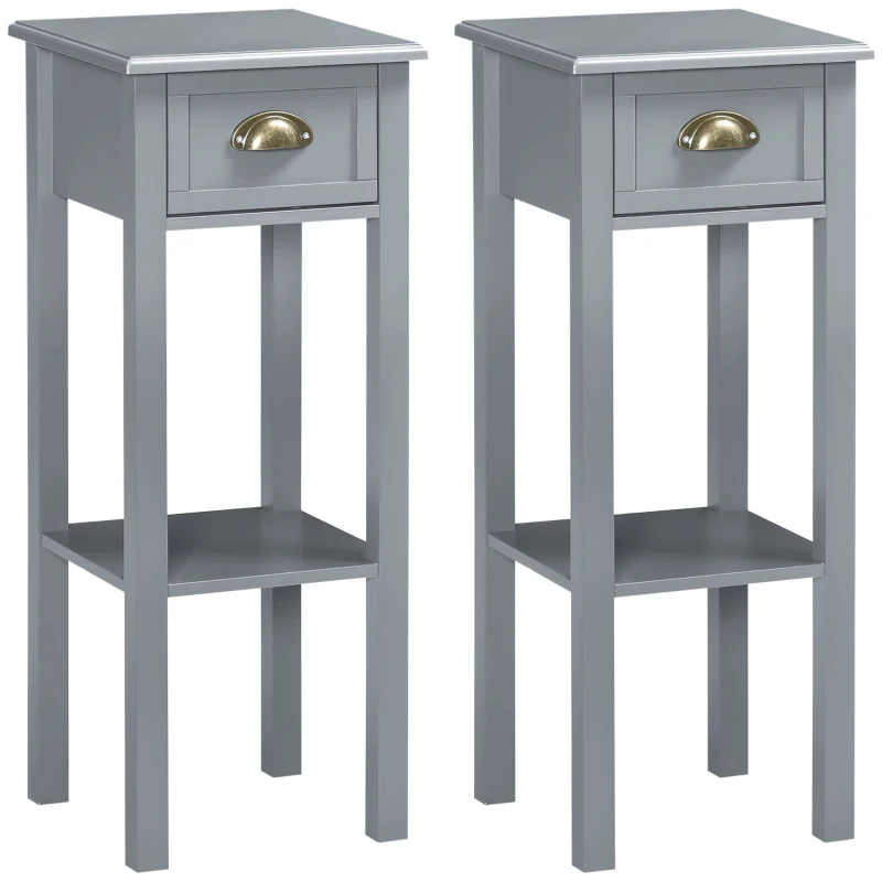 HOMCOM Bedside Table Set of 2, Narrow Side Table with Drawer and Shelf, 2 Tier Tall Nightstand for Bedroom, Grey