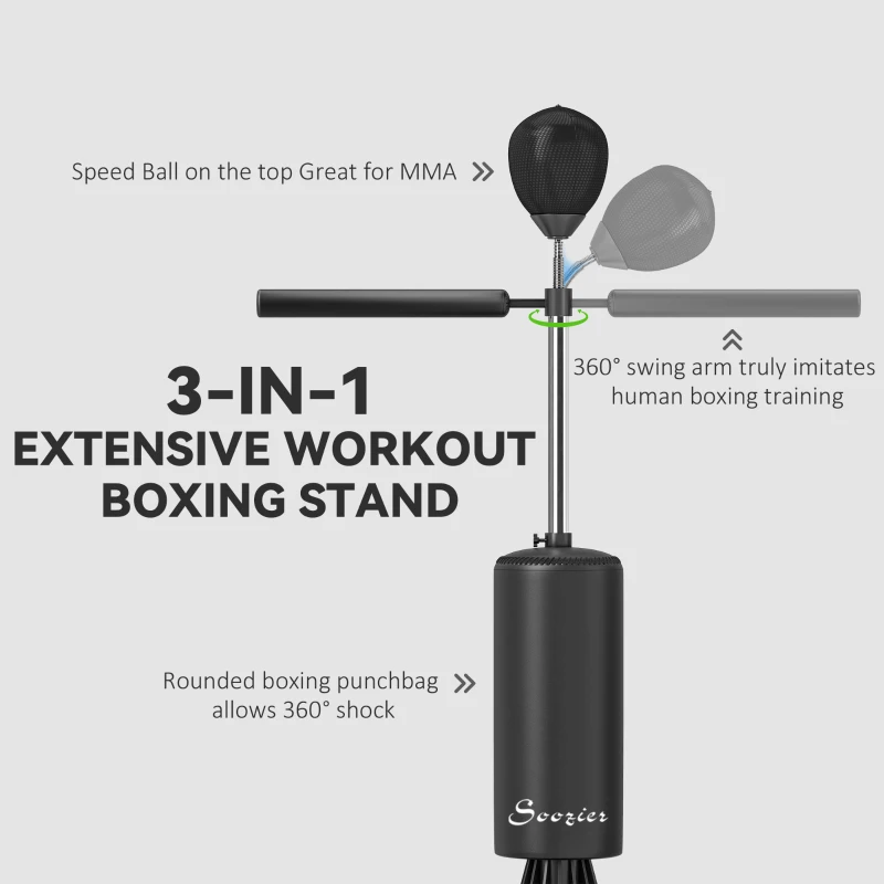 Soozier Freestanding Boxing Punch Bag Stand with 360° Rotating Flexible Arm, Speed Ball, Waterable and Sandable Base, Black