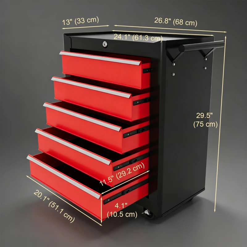 HOMCOM 5 Drawer Roller Tool Chest, Lockable Toolbox, Storage Organizer with Handle for Workshop Mechanics Garage, Black and Red