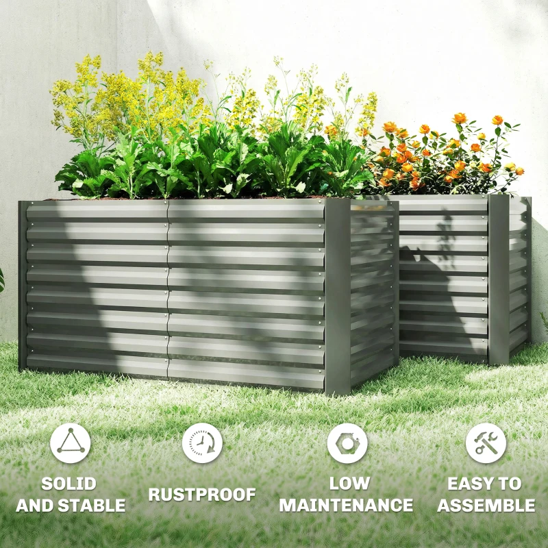 Outsunny Set of 2 Galvanized Metal Planters for Outdoor Plants, 4' x 2' x 2' Raised Garden Bed, Light Grey
