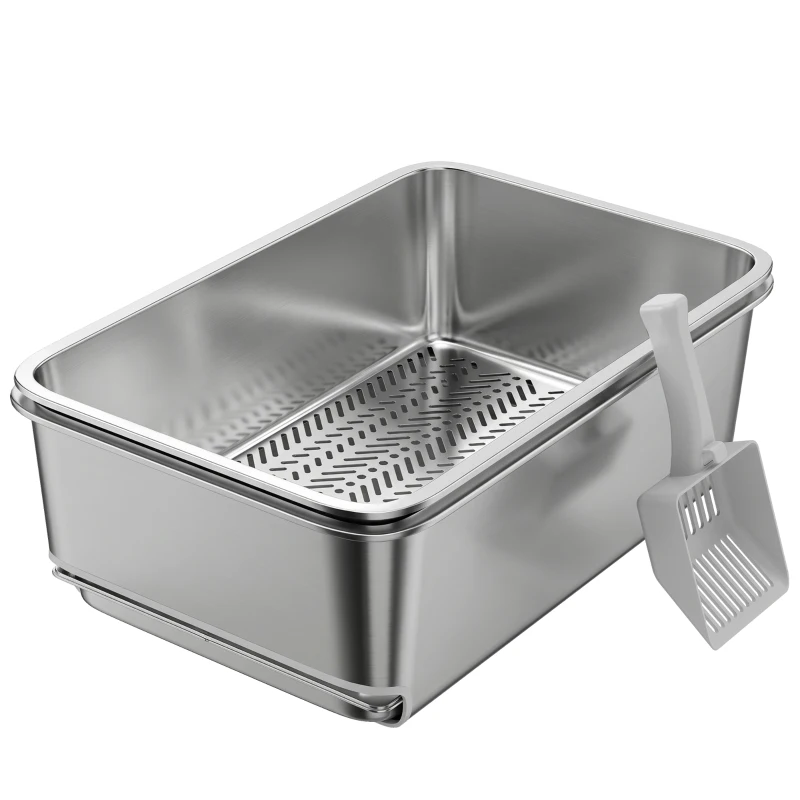 PawHut Stainless Steel Litter Box, XL Sifting Cat Litter Box for Medium and Large Cat, Non-Sticky, Odour Free, Easy Clean