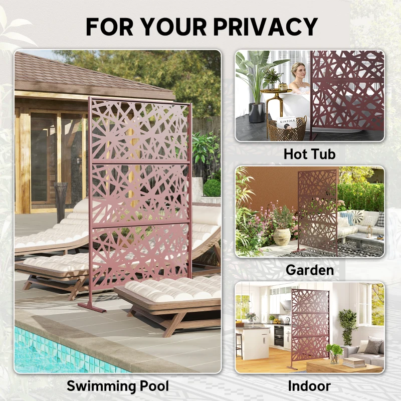 Outsunny Metal Outdoor Privacy Screen, Freestanding Outdoor Divider with Stand, 78" x 48", Dark Brown