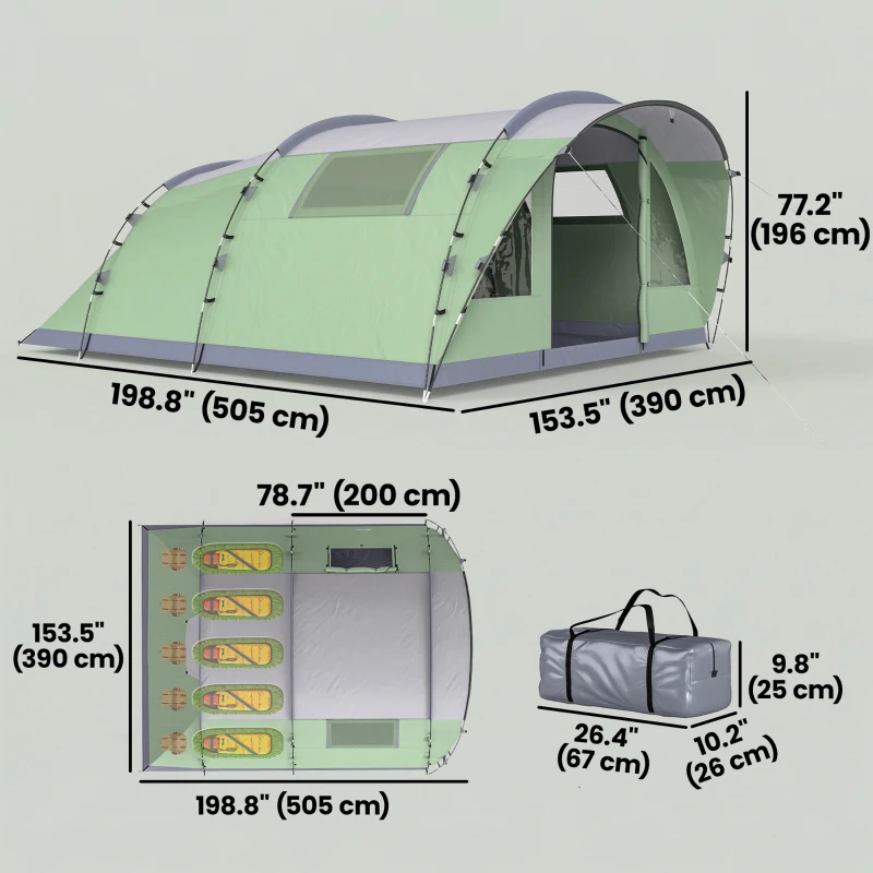 Outsunny Multi-Room Camping Tent for 5 Person, Easy Set up Large Family Tent with 4 Windows, Porch, Light Green