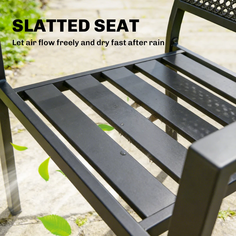Outsunny Stackable Patio Chairs Set of 2, Outdoor Dining Chairs with Faux Wicker Steel Mesh Back, Slatted Seat, Armrests, Black