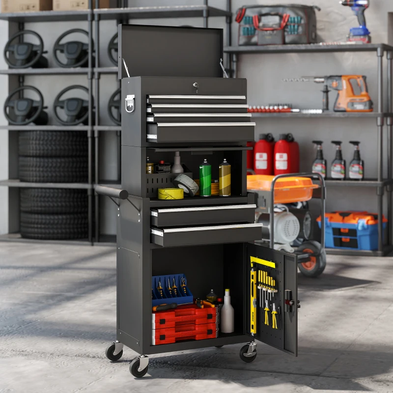 HOMCOM Large Tool Cabinet, 3-in-1 Rolling Tool Chest, Detachable Tool Storage Organizer with 6 Drawers and Pegboard, Black