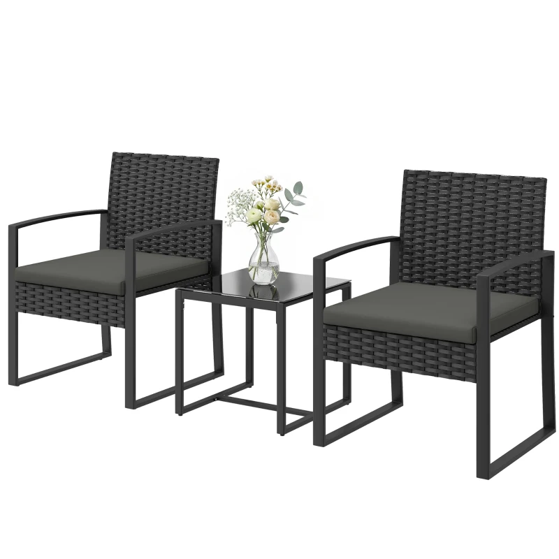 Outsunny Outdoor Bistro Set, 3 Piece Wicker Patio Furniture Set with Glass Top Table and Cushions for Porch, Balcony, Dark Grey