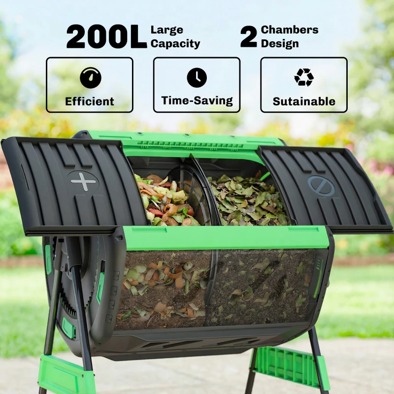 Outsunny Compost Bin Outdoor, 53 Gal Dual Chamber Tumbling Composter with Adjustable Vents, BPA Free Tumbling Composter, Green