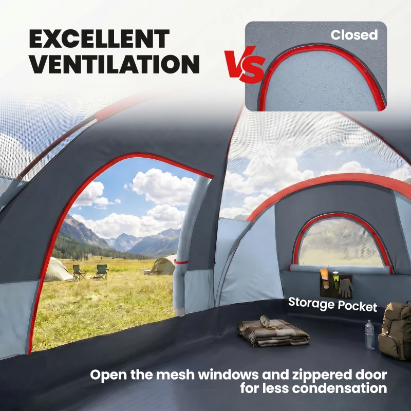 Outsunny 5 Person Family Tent, Outdoor Camping Tent with Lighting Hook, Carrying Bag for Camping, Hiking and Travelling, Grey