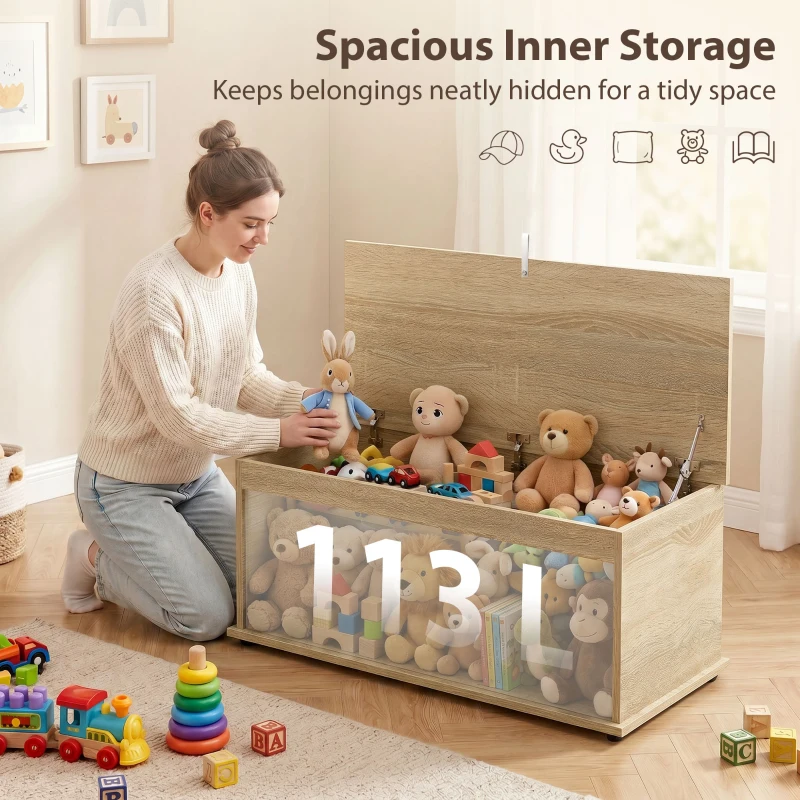 HOMCOM 39.5" Storage Chest with 2 Safety Hinges, Storage Box Organizer with Flip-Top Lid, Entryway Storage Bench, Oak