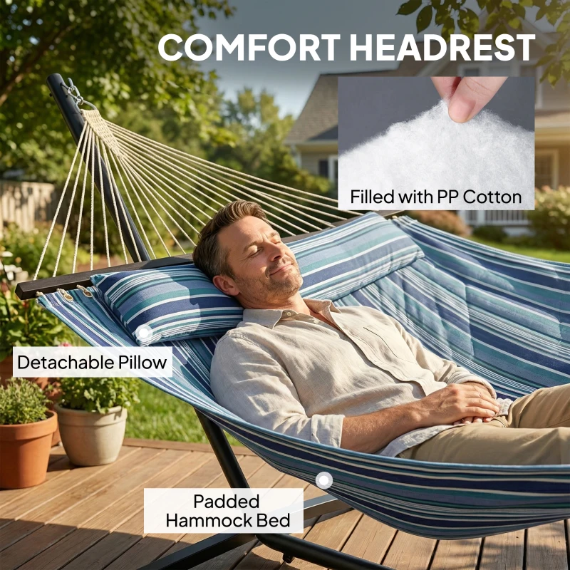 Outsunny Hammock with Stand Heavy Duty Camping Hammock with Steel Frame for Patio Backyard Blue and White
