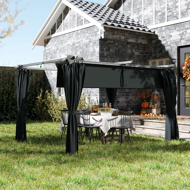 Outsunny 10' x 13' Pergola with Retractable Canopy and Curtains, UPF30+ Sun Shade Shelter for Grill, Garden, Backyard, Deck