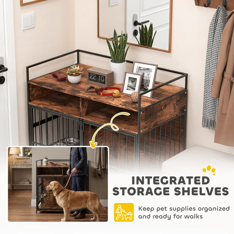 PawHut Dog Crate Furniture with Rotating Feeding Station Dog Kennel End Table Storage Shelves, Rustic Brown