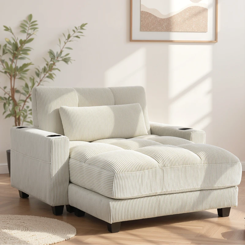 HOMCOM 58" Chaise Lounge Indoor, Oversized Corduroy Sofa Bed with 2 Cup Holders, Pillow, Deep Seat Sleeper Couch, Cream White