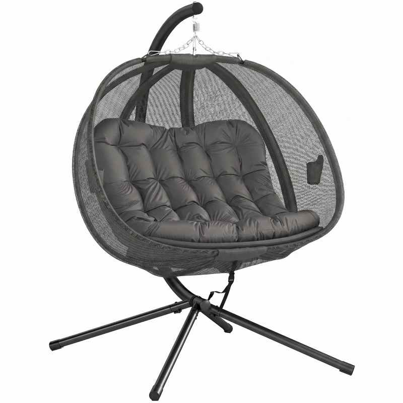 Outsunny Double Egg Chair with Stand, 2 Person Hanging Swing Egg Chair with Cushion, Pockets, Grey