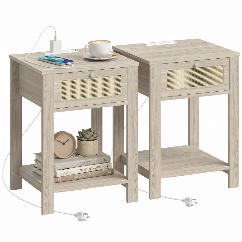 HOMCOM End Table Set of 2 with Charging Station, Bed Side Tables Set with Drawer, Storage Shelf for Living Room, Natural Wood
